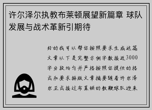 许尔泽尔执教布莱顿展望新篇章 球队发展与战术革新引期待